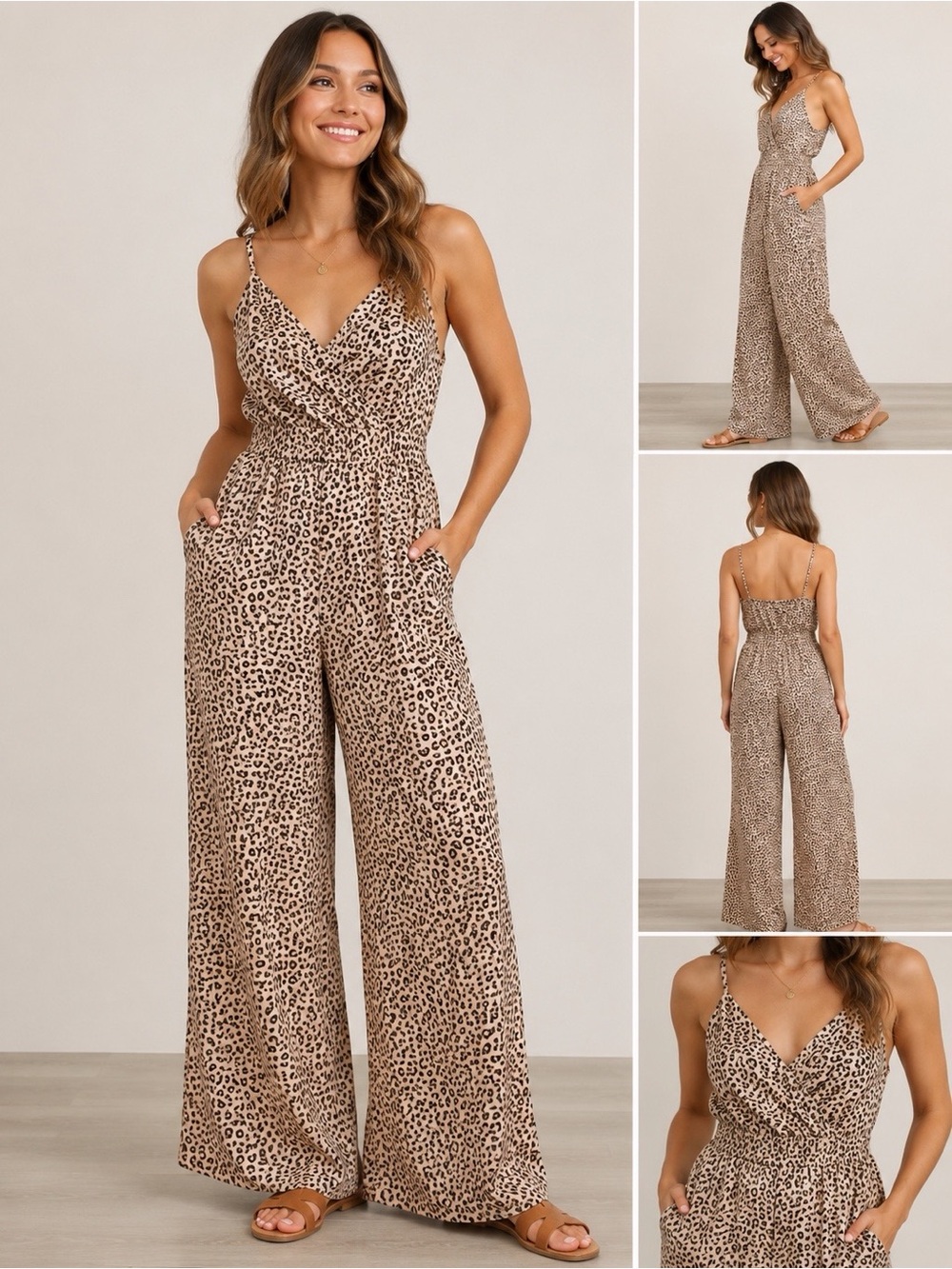 Blue Rain Leopard Print Wide Leg Jumpsuit Small Tan Brown Animal Print Pockets